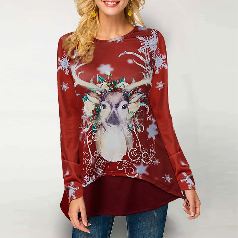 Deer Graphic Snowflake Printed Crew Neck Long Sleeve Tee