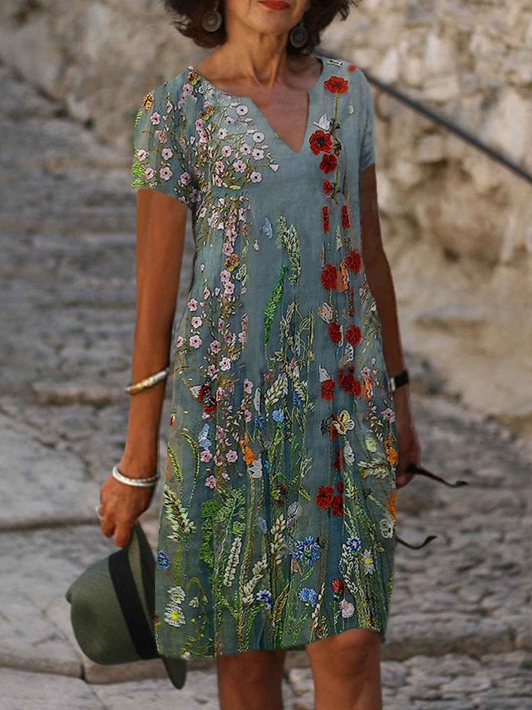 Floral Print V-neck Short Sleeve Midi Dress Women