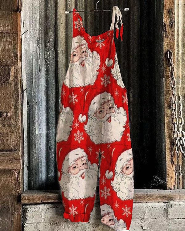 Red Santa Print Casual Jumpsuit