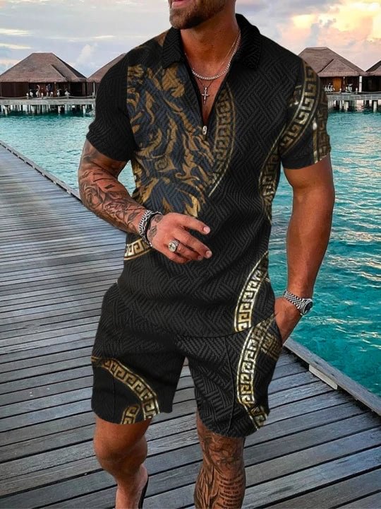 Men's Fashion Vacation Tiger Print Polo Suit