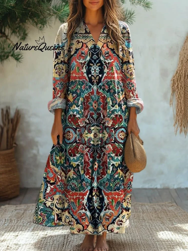 Women's Vintage Ethnic Floral Art Print Cotton Dress