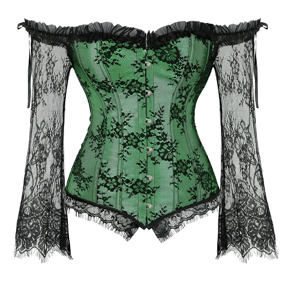 Corset Top Bustier Lingerie Women with Long Sleeves Renaissance Plus Size Lace Floral Sexy Costumes Burlesque Red Black White