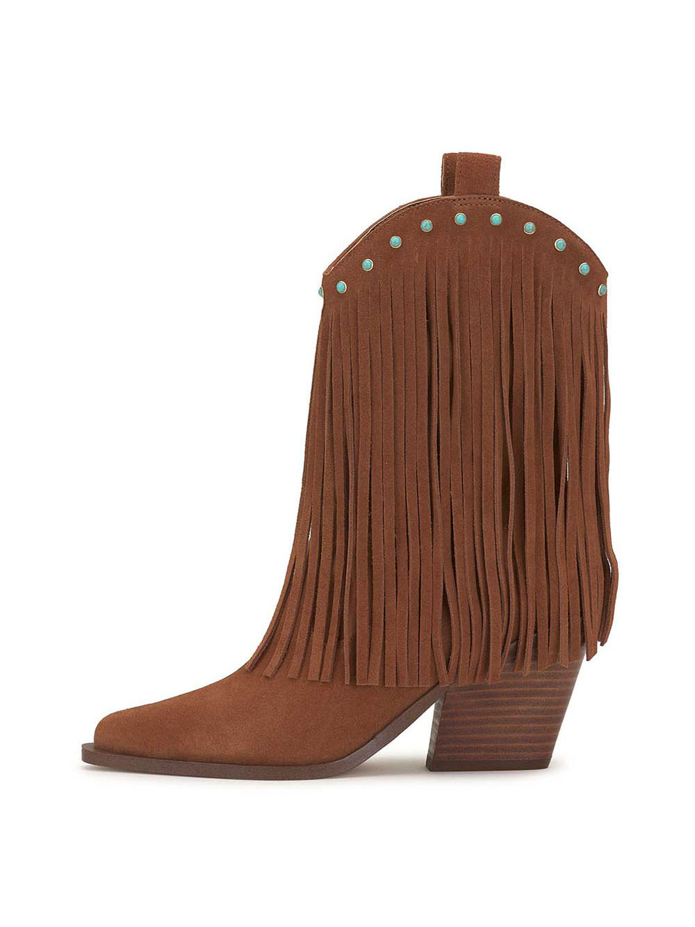 Brown Faux Suede Pointed Fringed Studded Cowgirl Booties With Chunky Heels