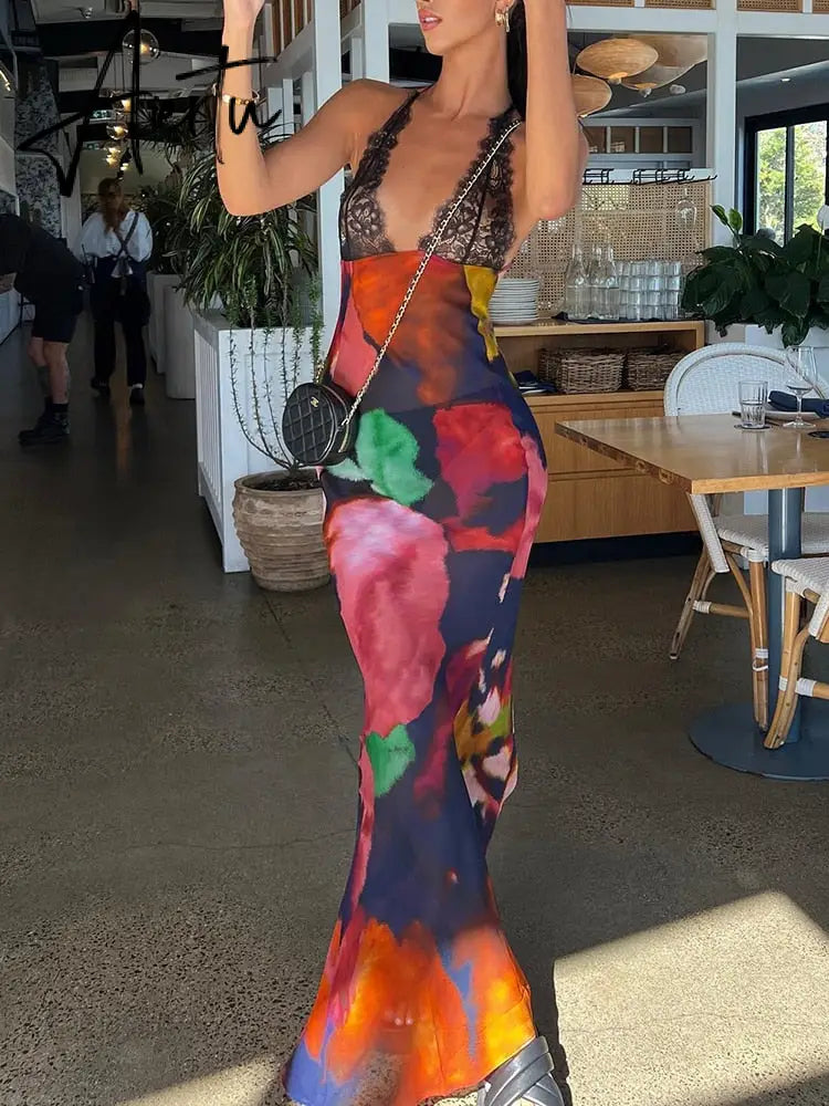 Elegant Tie Dye Floral Chiffon Dress Summer Sexy Women Backless Lace Bodycon See Through  Beach Party Vestidos Aiertu