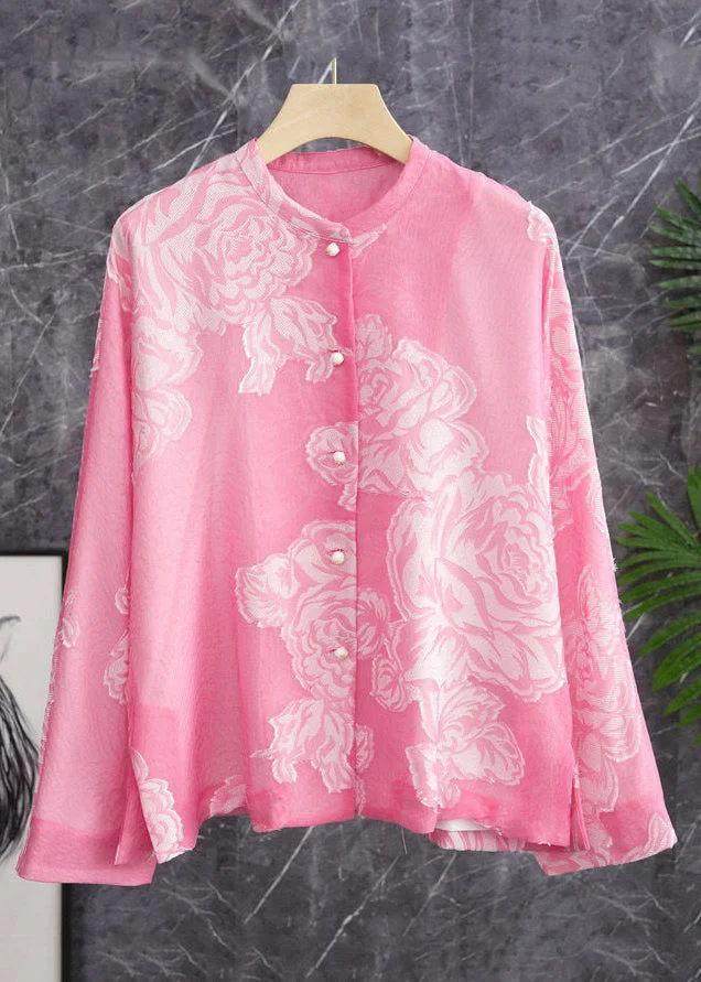 Beautiful Pink O Neck Button Print Silk Shirt Long Sleeve