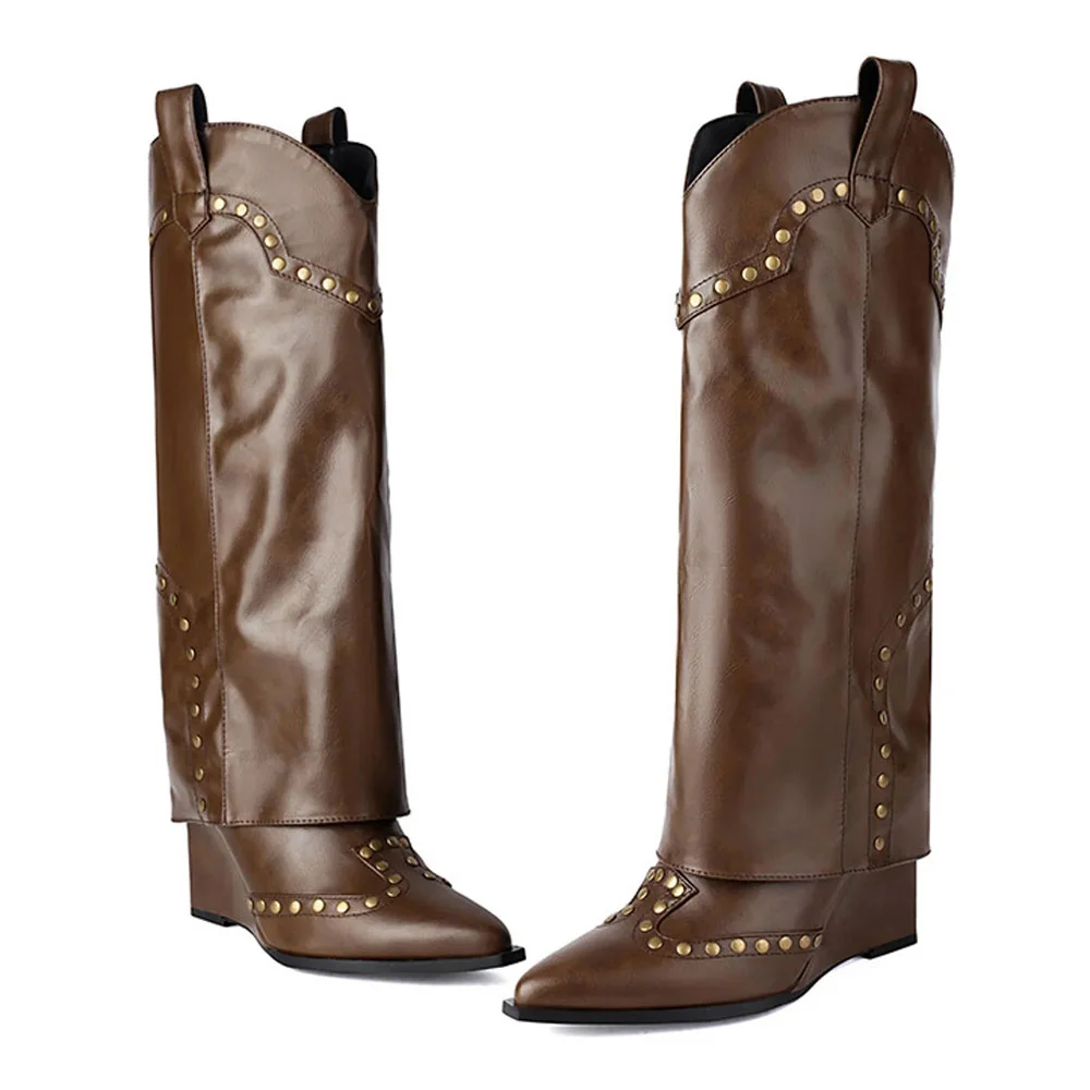 Chocolate Brown Wedge Heel Knee High Fold Over Boots for Women