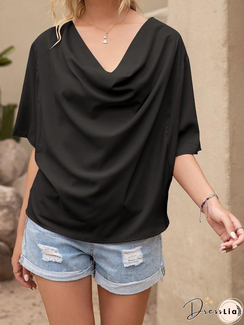 Pleated Drape Solid Color V-neck Short Sleeve Loose Blouses