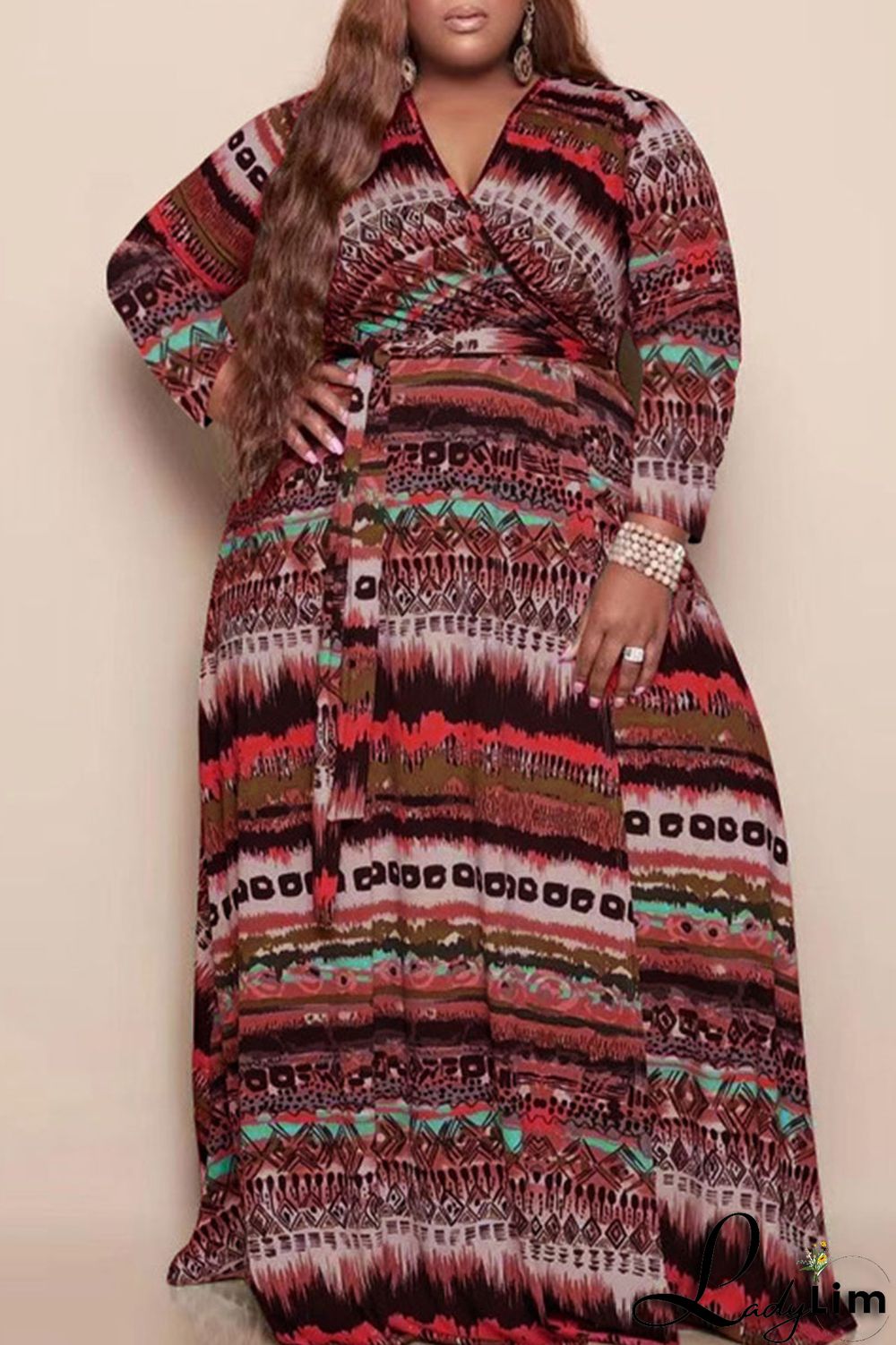 Yellow Casual Print Bandage Patchwork V Neck Long Sleeve Plus Size Dresses