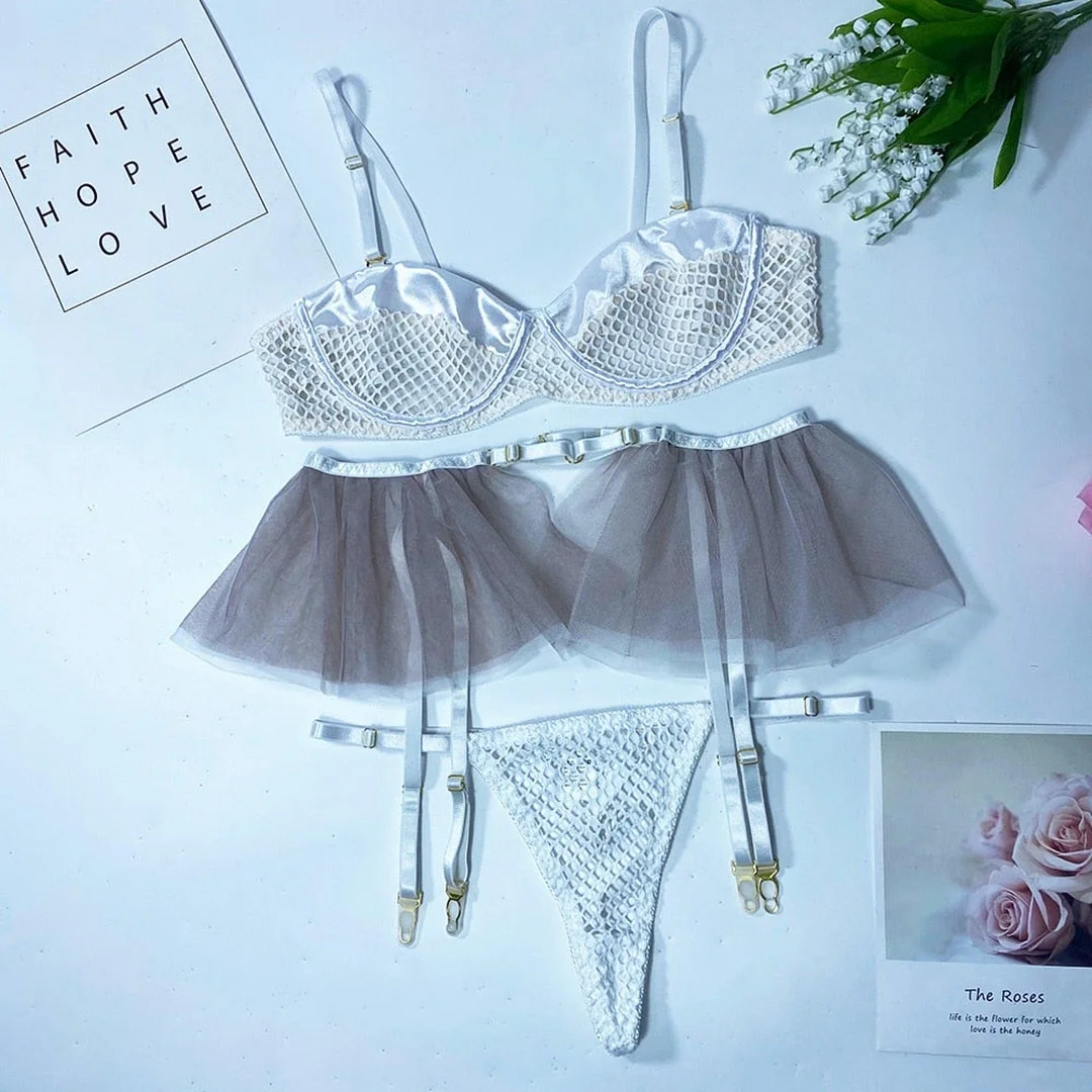 3-Piece Mesh Bra Corset and Thong Set with Garter Belt Skirt