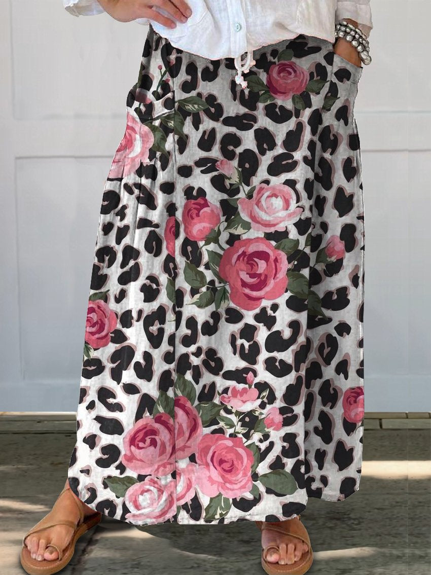 Women's Leopard  Flower Art Print  Linen Pocket Skirt
