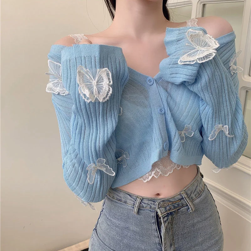 UForever21 Autumn 2023 New Butterfly Knit Cardigan Women Korean  Short Cardigan Summer Sunscreen Long-sleeved Jacket Knitted Crop Top