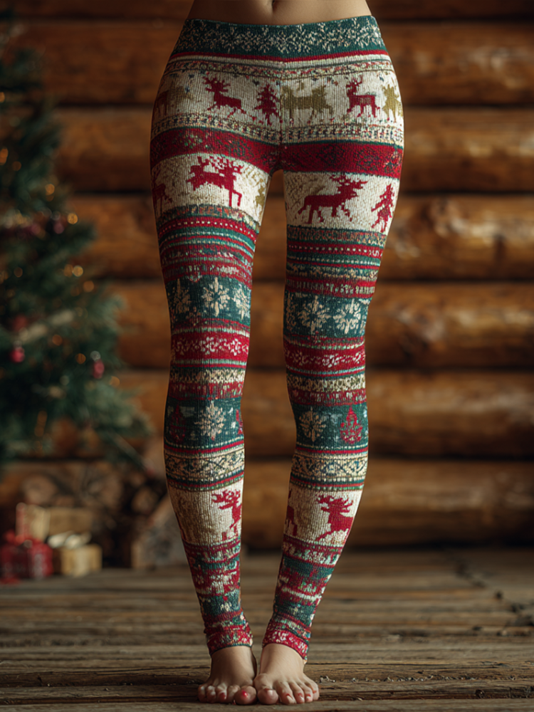 Retro Christmas Print Women's Tight Knit Leggings elevenforest