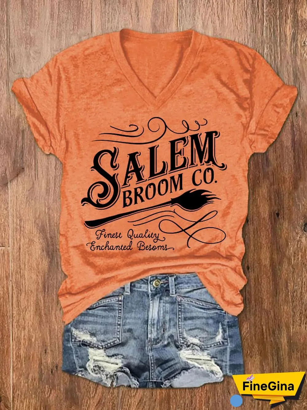 Women's Halloween Salem Broom Co. Casual V-Neck Tee