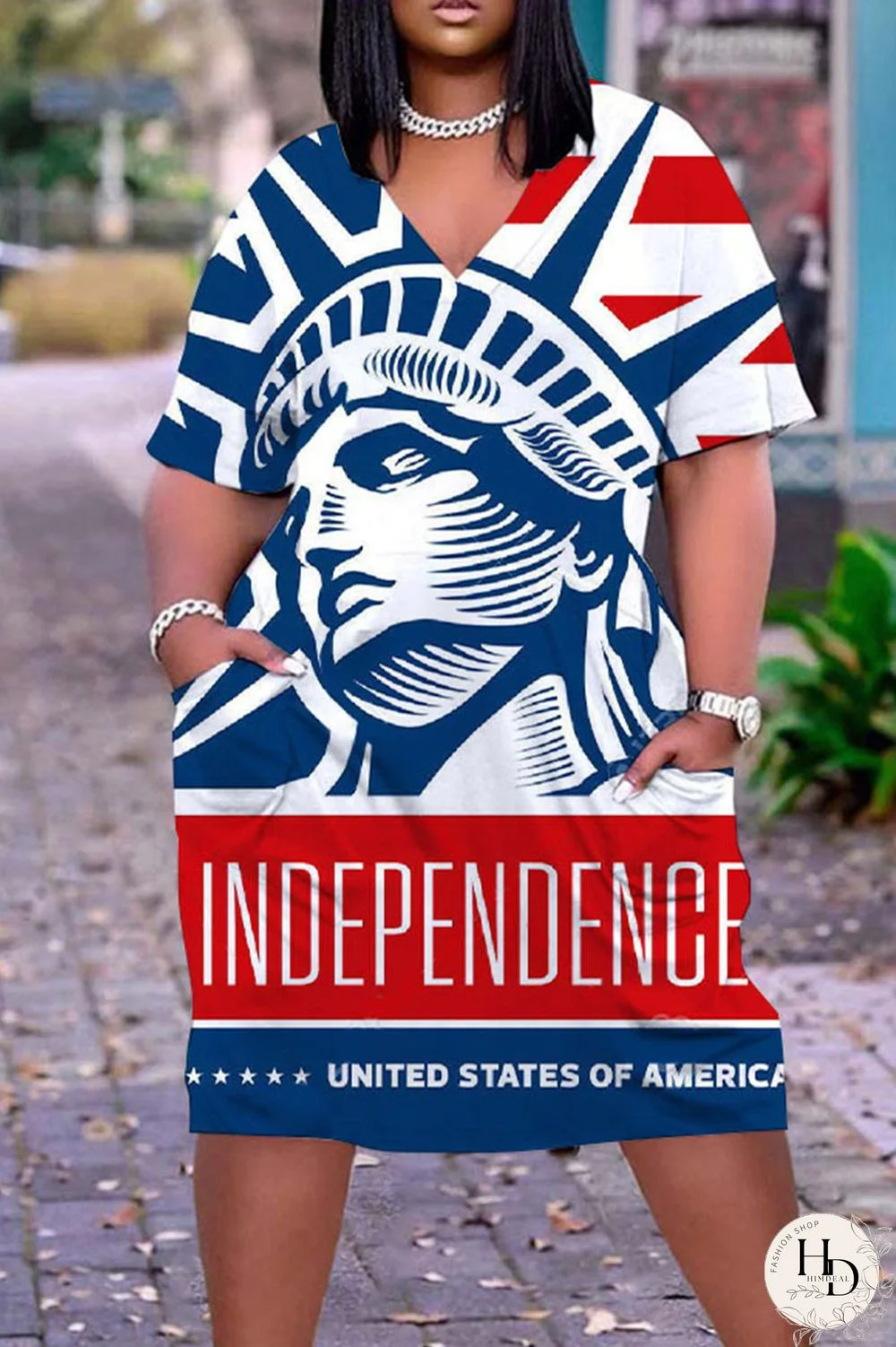 White Blue Red Casual Print Patchwork V Neck Dresses