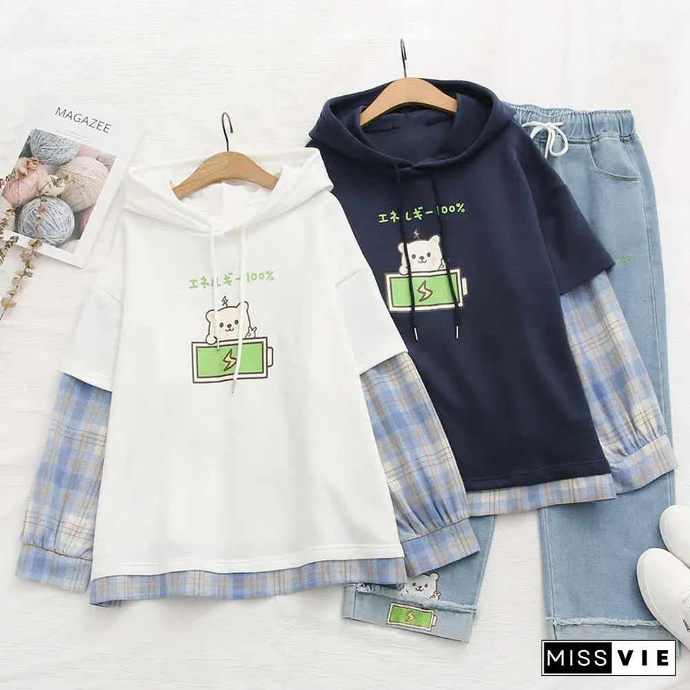Cartoon Bear Charge Print Plaid Sleeve Hoodie
