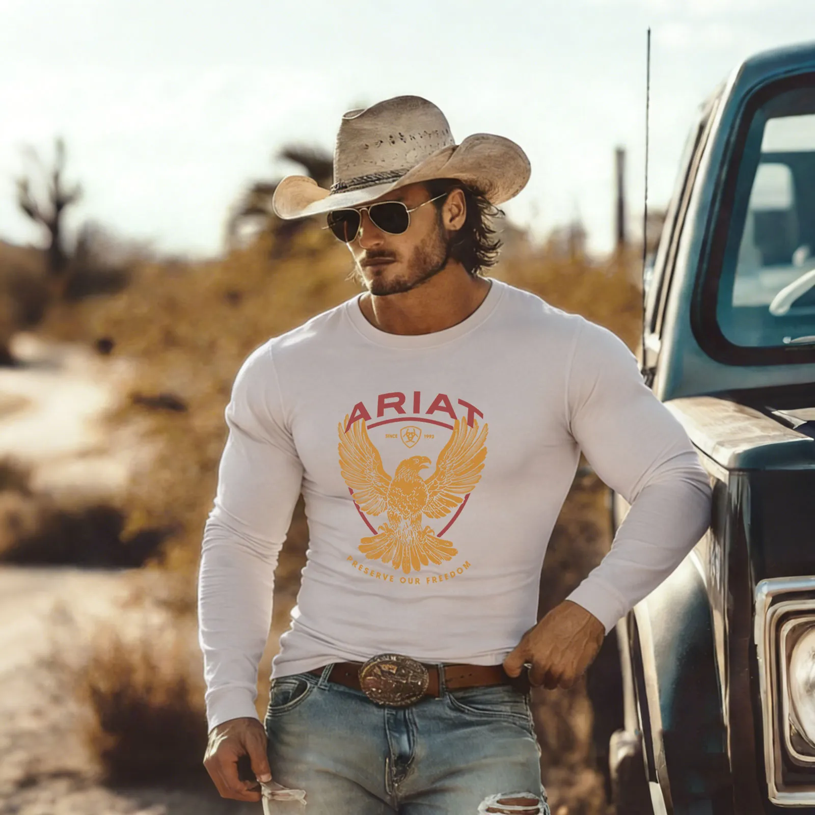 Cotton Long Sleeve Graphic T-Shirt For Men - Western Eagle Design, Fitted Cut, Casual Outdoor Wear