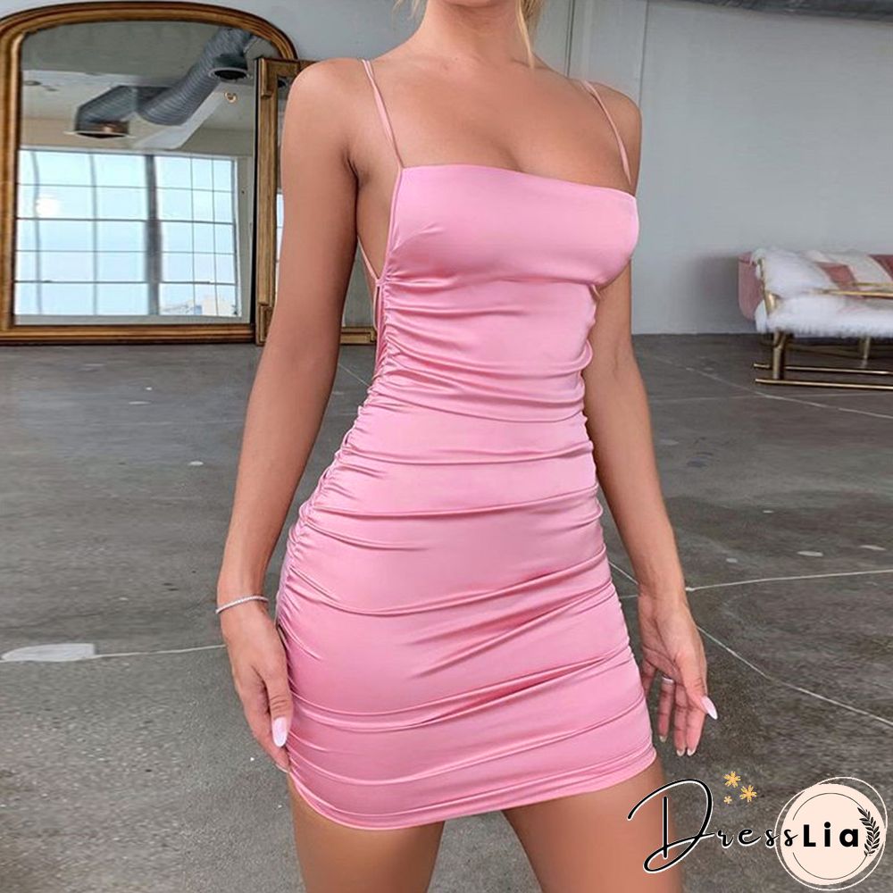 Spaghetti Strap Mini Satin Dress Women Sexy Backless Cross Bandage Bodycon Party Dress Pleated Stretch Short Suit Club Dress
