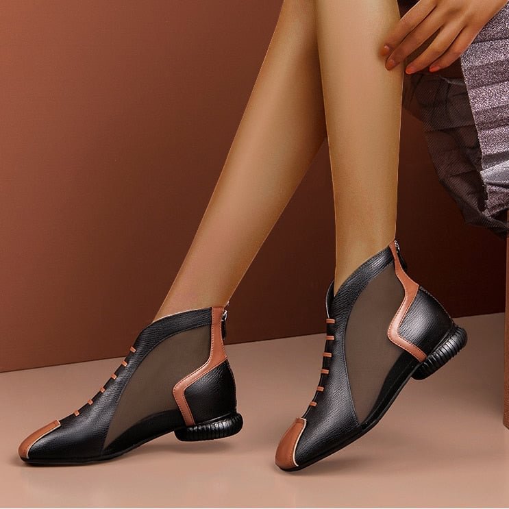 Mesh Boots Women's Shoes Ankle Sandals Boots 2021 Summer Square MID Heel Back Zip Soft LEATHER Female Footwear Black Beige