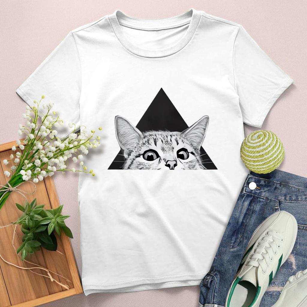 Peeping Cat Round Neck T-shirt-0025159-Guru-buzz