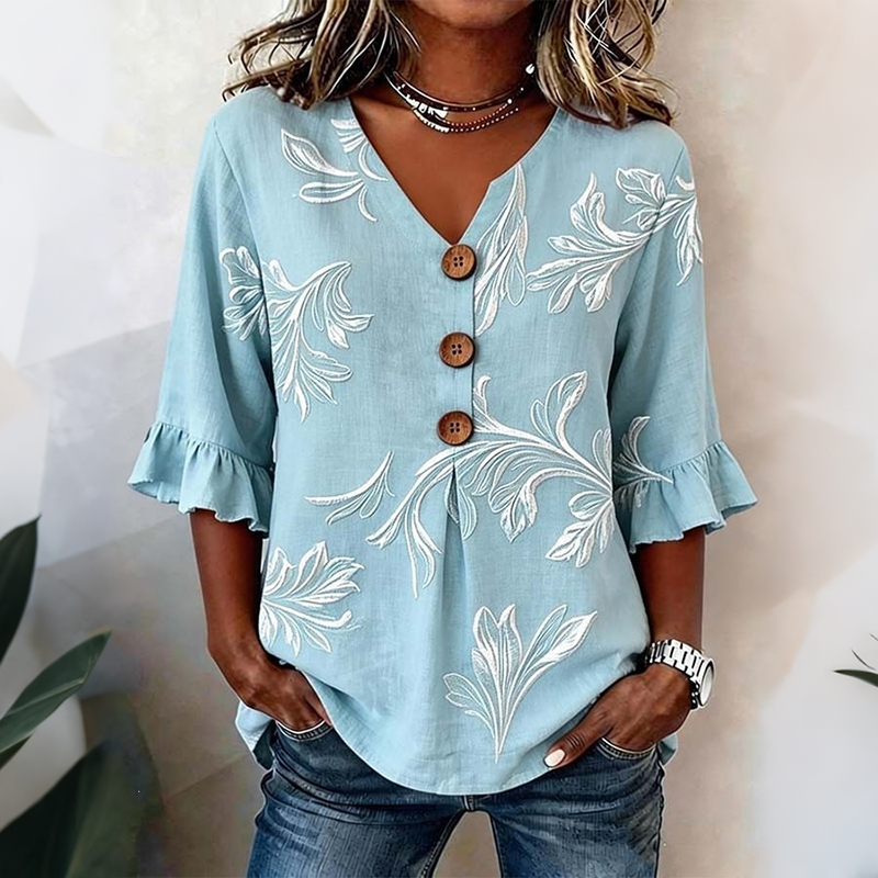 Retro Floral Art Print Ruffle Sleeves Casual Cotton Shirt elevenforest