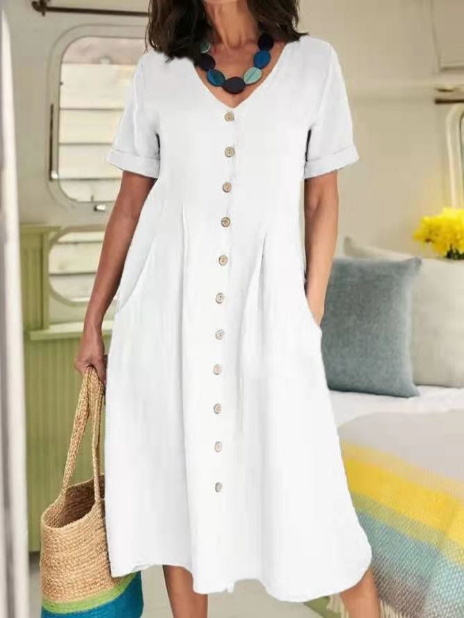 Loose V-Neck Short-Sleeved High-Waisted Solid Color Linen Dress