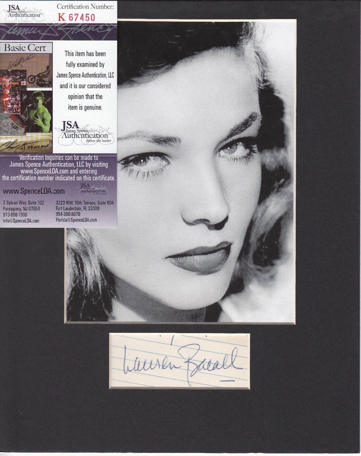 LAUREN BACALL SIGNED AUTOGRAPH AUTO JSA CERTIFIED AUTHENTIC MATTED