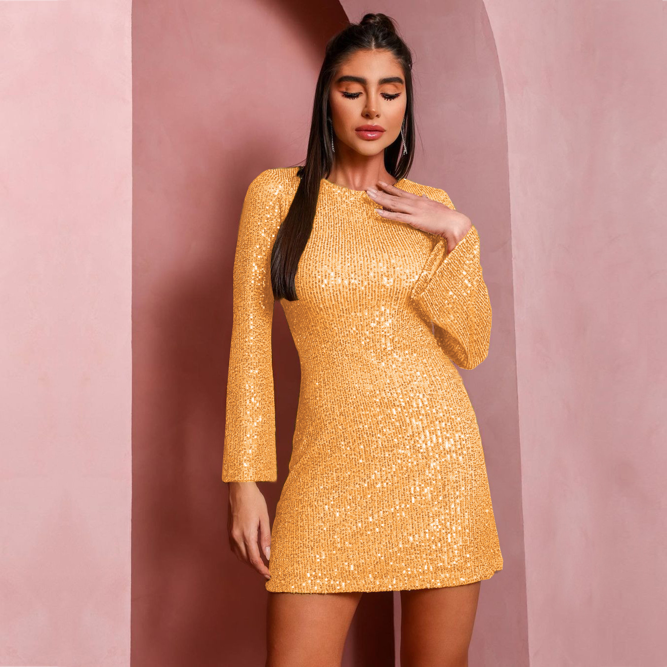 Ootddress Sequin Fashion Autumn Mini Dress Female Glitter See-Through Long Sleeve Elegant Club Party Dress Sparkle Ladies Dress 2025