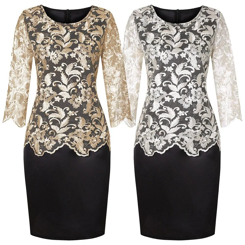 Women Elegant O Neck Half Sleeve Fake Two Piece Lace Bodycon Knee-length Dress Great Gifts for Summer Womens Dress Plus Size 5xl