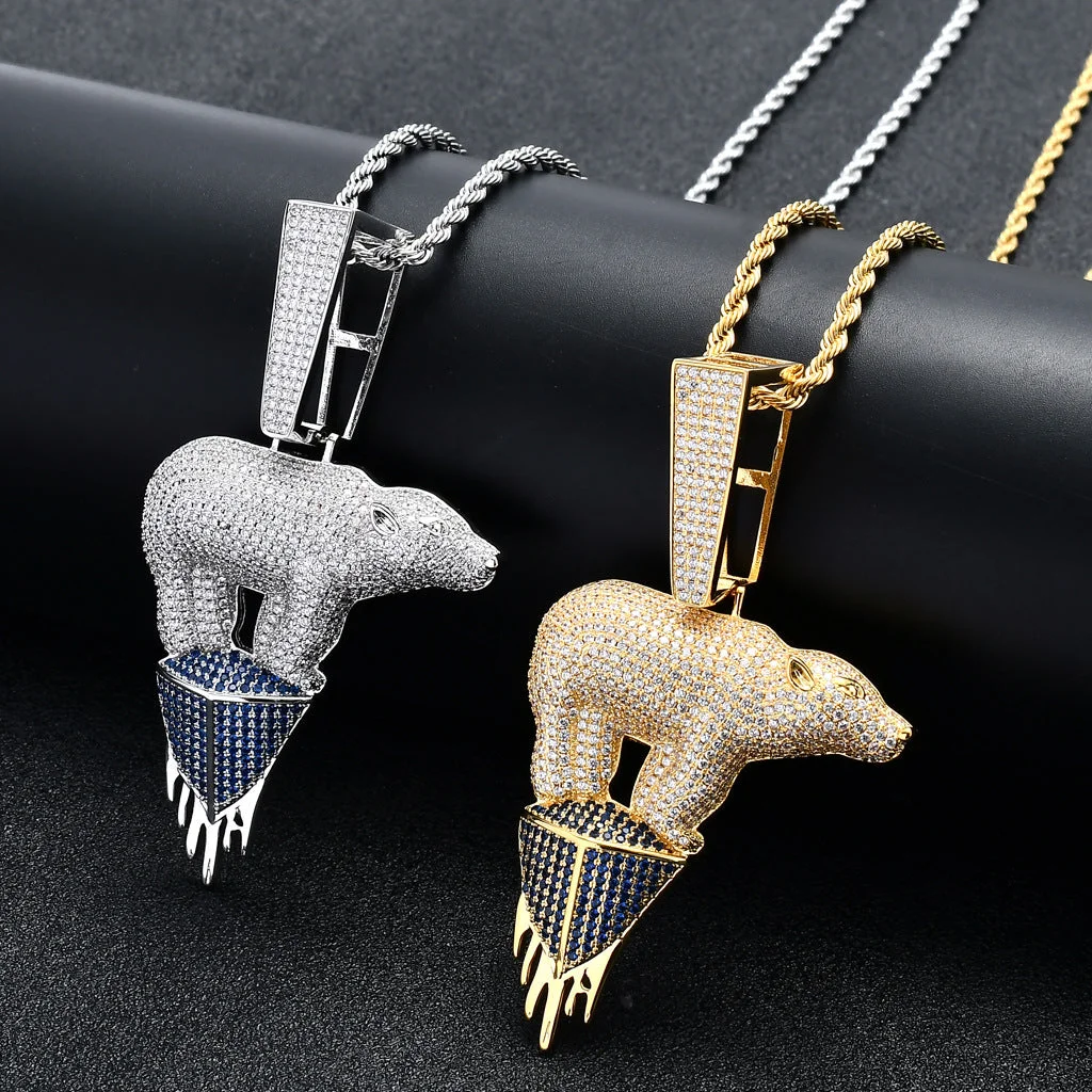 Iced Polar Bear Pendant Necklace Rope Chain (24 inches)