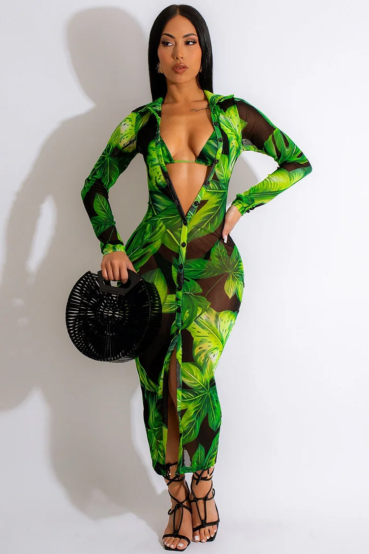 Leaf Print Button Down Midi Dress Three Piece Bikini Set