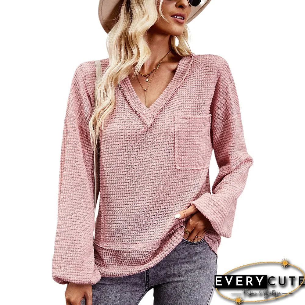 Pink V Neck Waffle Pocket Long Sleeve Tops