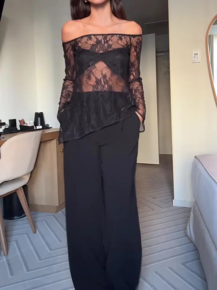 Lace See-through Long Sleeve Top