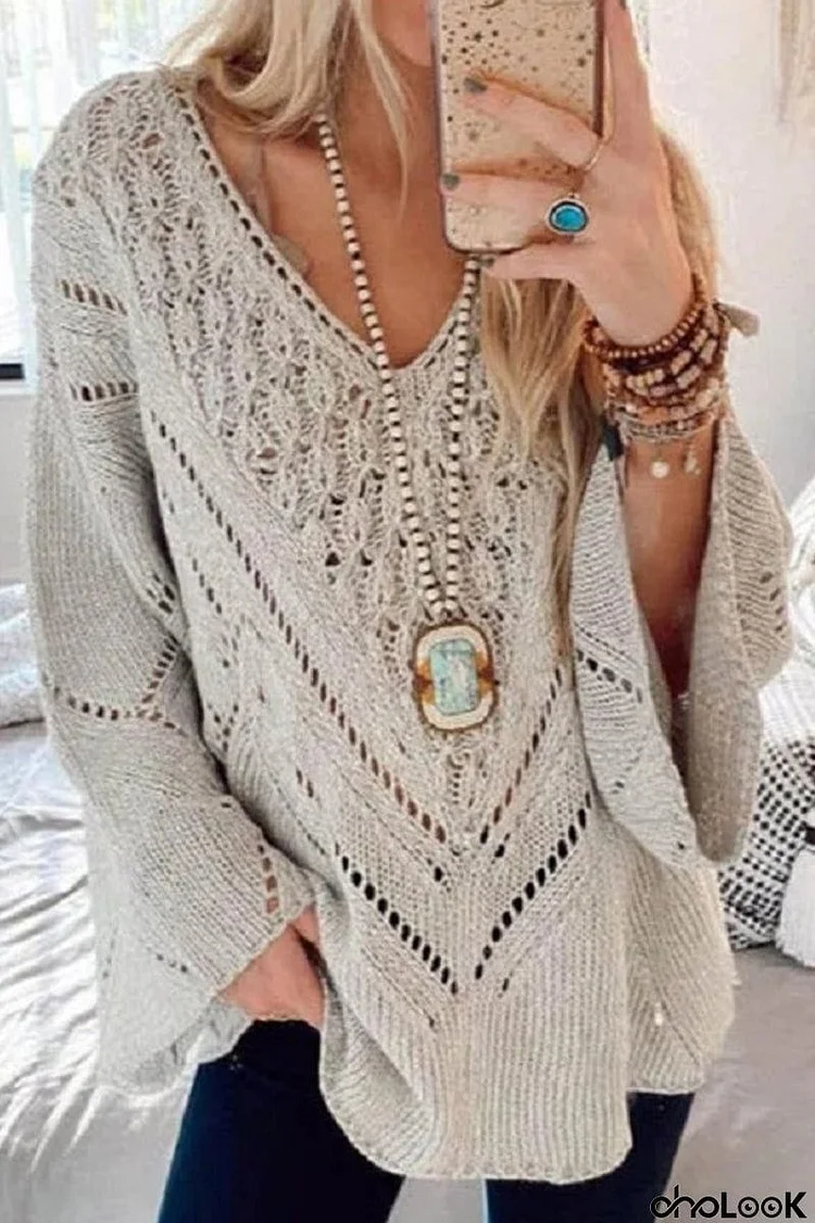 Hollow V Neck Flares Sleeve Sweater