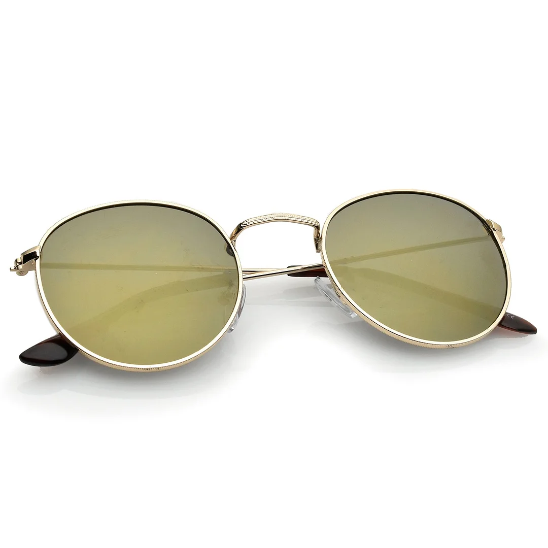 Classic Metal Slim Temple Textured Nose Bridge Mirrored Lens Round glasses 49mm