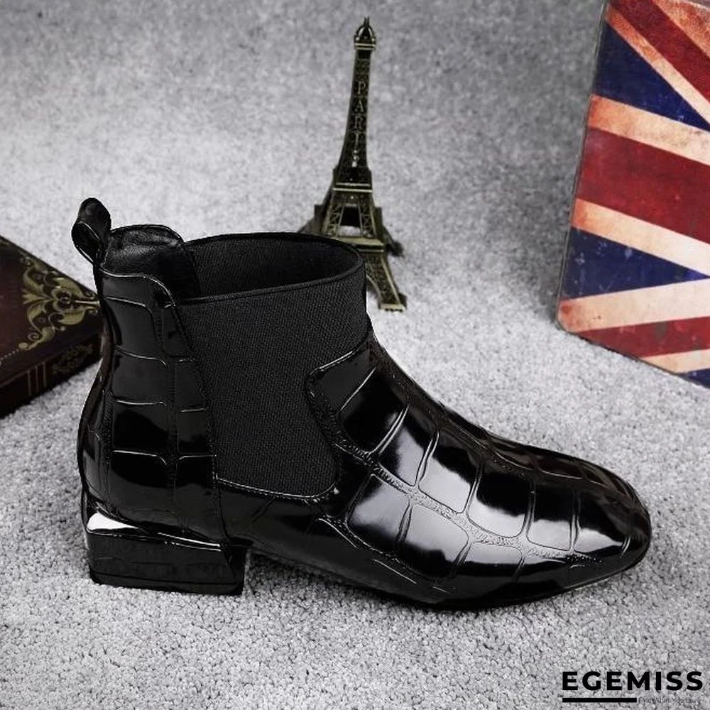 Chic Women Boots Shiny PU Leather Autumn Winter Shoes Woman Spuare Toe Block Heels Ankle Boots | EGEMISS