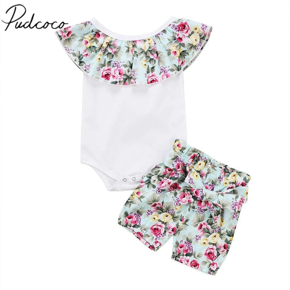2017 Brand New Casual Newborn Toddler Infant Baby Girl Cotton Romper Crop Tops Shorts 2Pcs Outfit Floral Clothes 0-24M