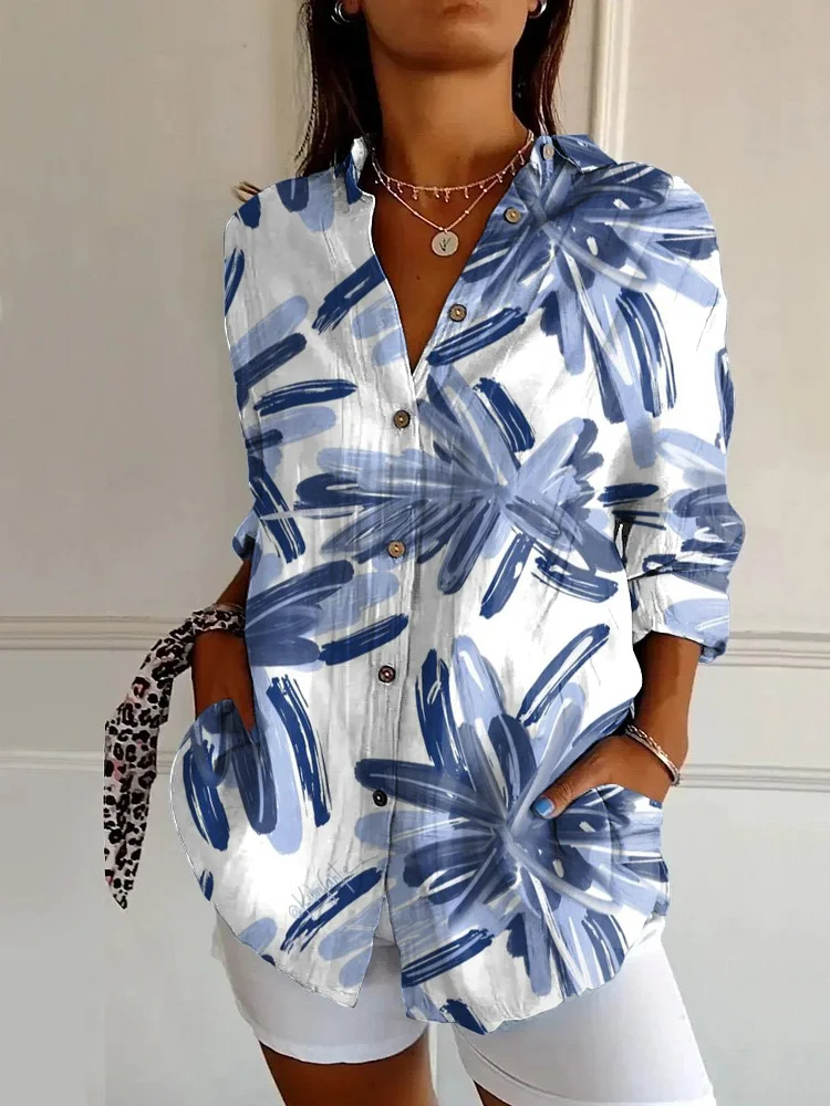 Classic Blue Graffiti Print Casual Long-sleeved Shirt
