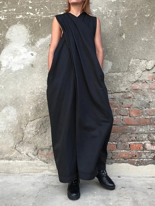 Loose Sleeveless Solid Color Split-Joint V-Neck Jumpsuits