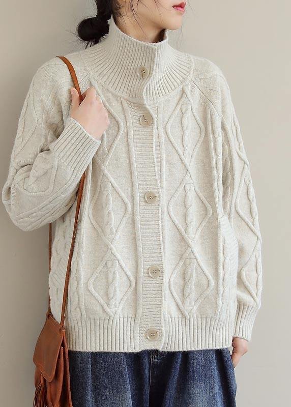 Cozy Beige Sweaters Stand Collar Pockets Trendy Plus Size  Knit Sweat Tops