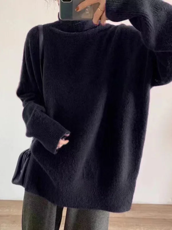Long Sleeves Loose Solid Color Split-Side High-Neck Knitwear Pullovers Sweater Tops