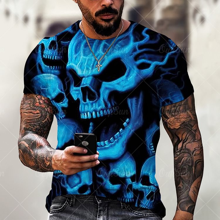 Flame Skull Summer Short Sleeve Tops Casual Loose Men's T-Shirts