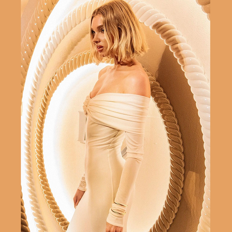 Ootddress White Pleated Slim Maxi Dress Elegant For Women Patchwork Off-Shoulder Fashion High Waist Dress Ladies Solid Party Dress