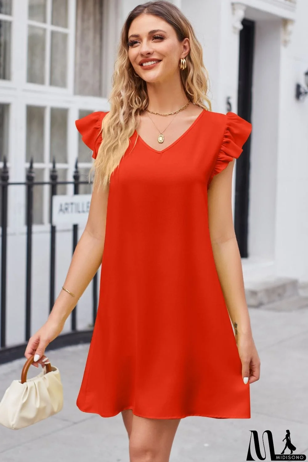 MidiSono - Ruffled V-Neck Flutter Sleeve Dress
