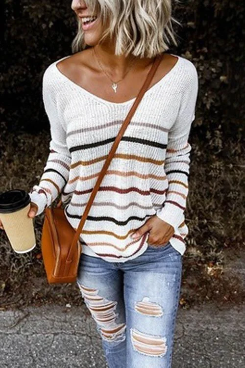 V Neck Colorful Striped Sweater