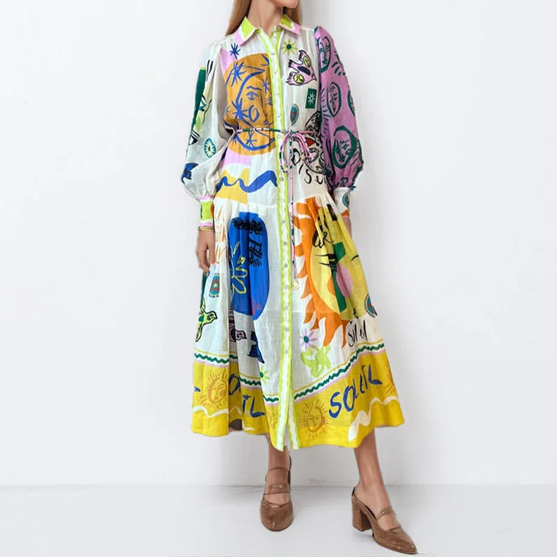 Uveng Uveng Women's New Retro Print Lantern Sleeve Waist Large Hem Dress Women
