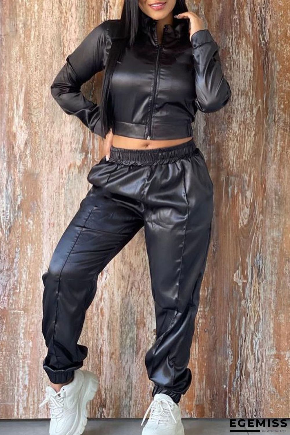 Black Casual Sportswear Solid Patchwork Zipper Zipper Collar Long Sleeve Two Pieces | EGEMISS