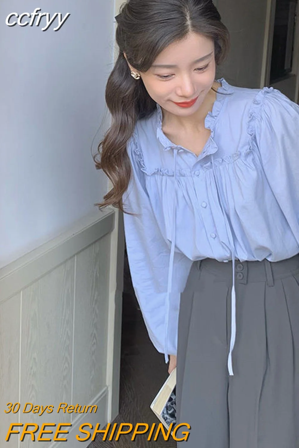 huibahe Bow Shirt Women Early Autumn Unique Solid Relaxed Casual Shirt Lace-up Blue Premium Feeling Folding Loose Top