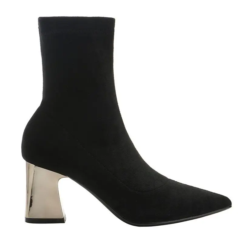 Solid Flock Ankle Boots Women Shoes Woman Pointed Toe Stretchy Square High Heels Black Fashion Sock Short Boots
