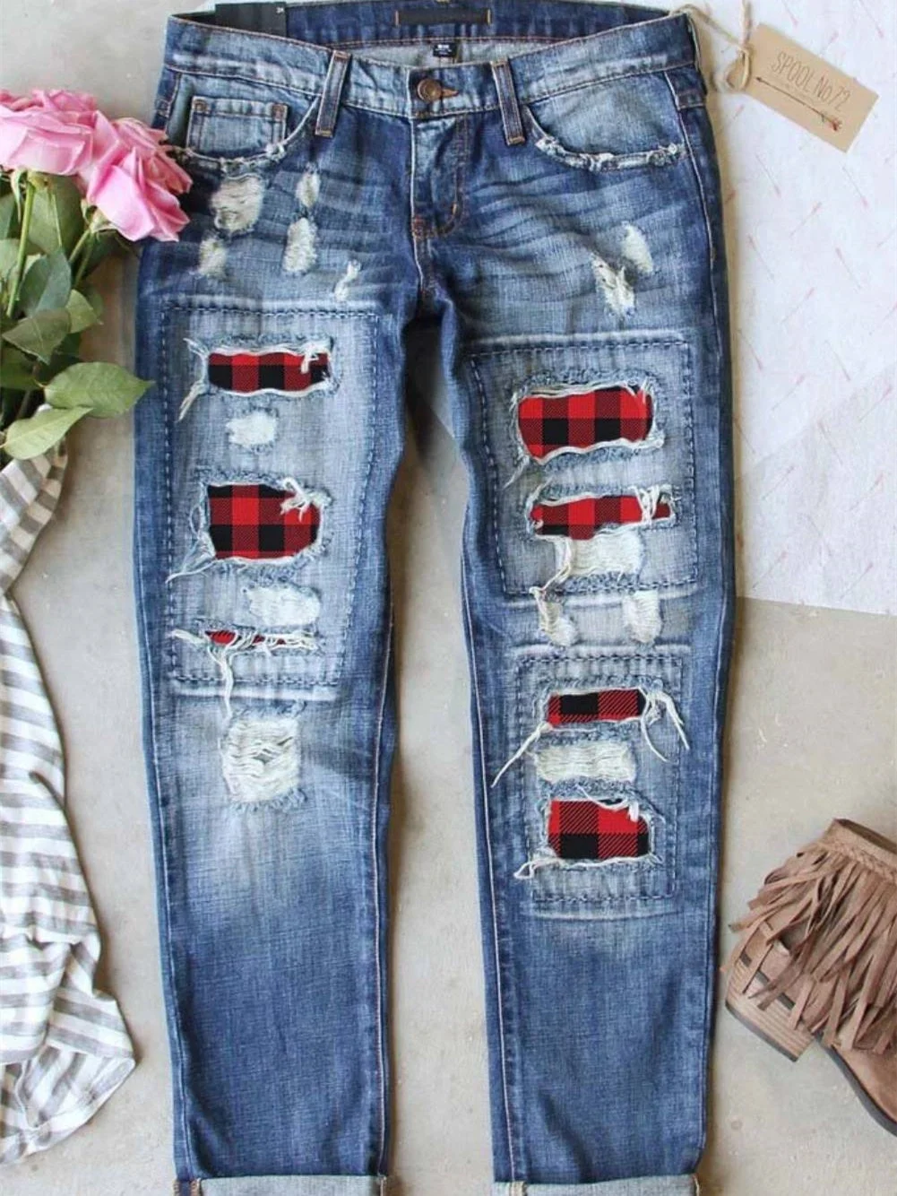 Women's Plaid Hollow Jeans