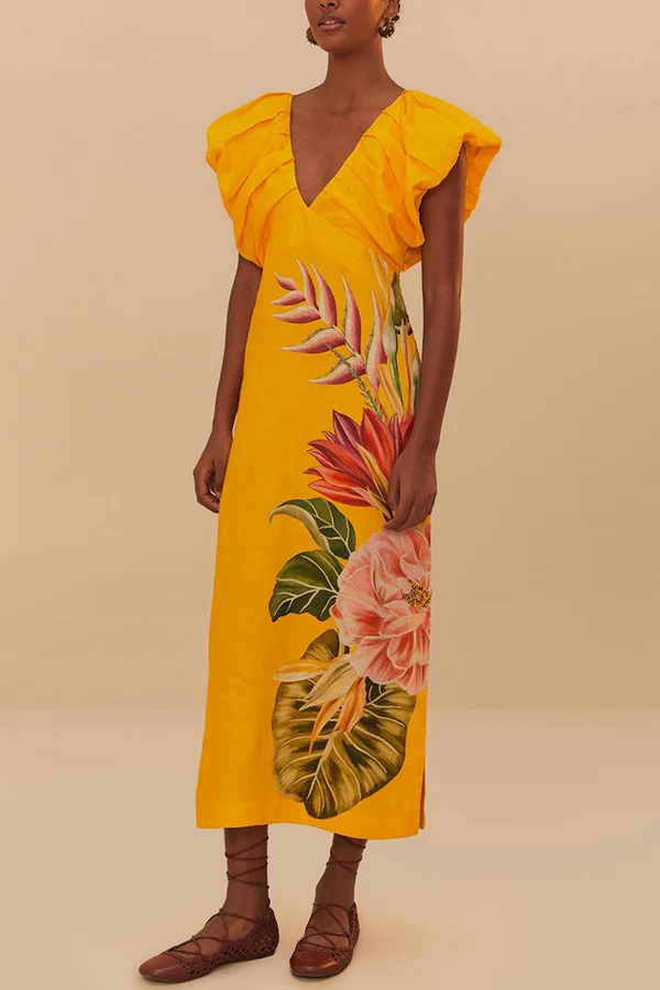 Plant Print V-neck Open Back Holiday Style Slit Midi Dress